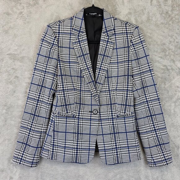 Express Blazer Womens 4 Blue White Plaid Stretch Suit Jacket Houndstooth Office - Picture 1 of 12